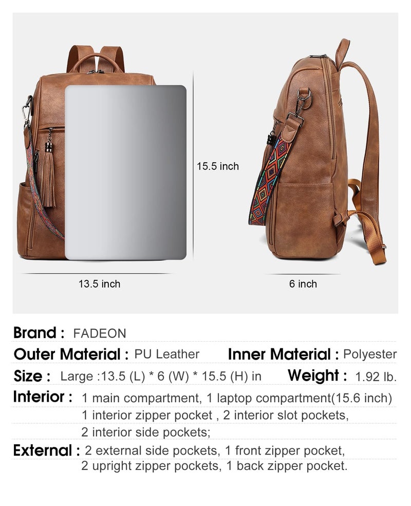 FADEON Leather Laptop Backpack for Women Designer 15.6 inch PU Laptop Bag, Ladies Travel Computer Work Backpack Brown - Image 3
