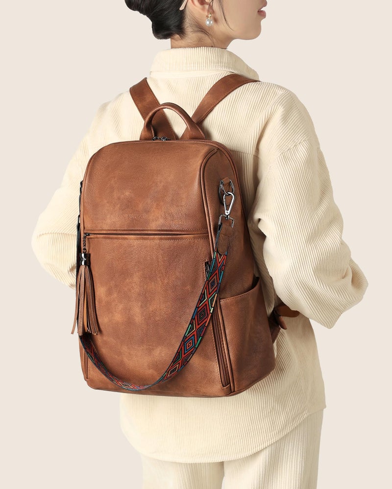 FADEON Leather Laptop Backpack for Women Designer 15.6 inch PU Laptop Bag, Ladies Travel Computer Work Backpack Brown - Image 2