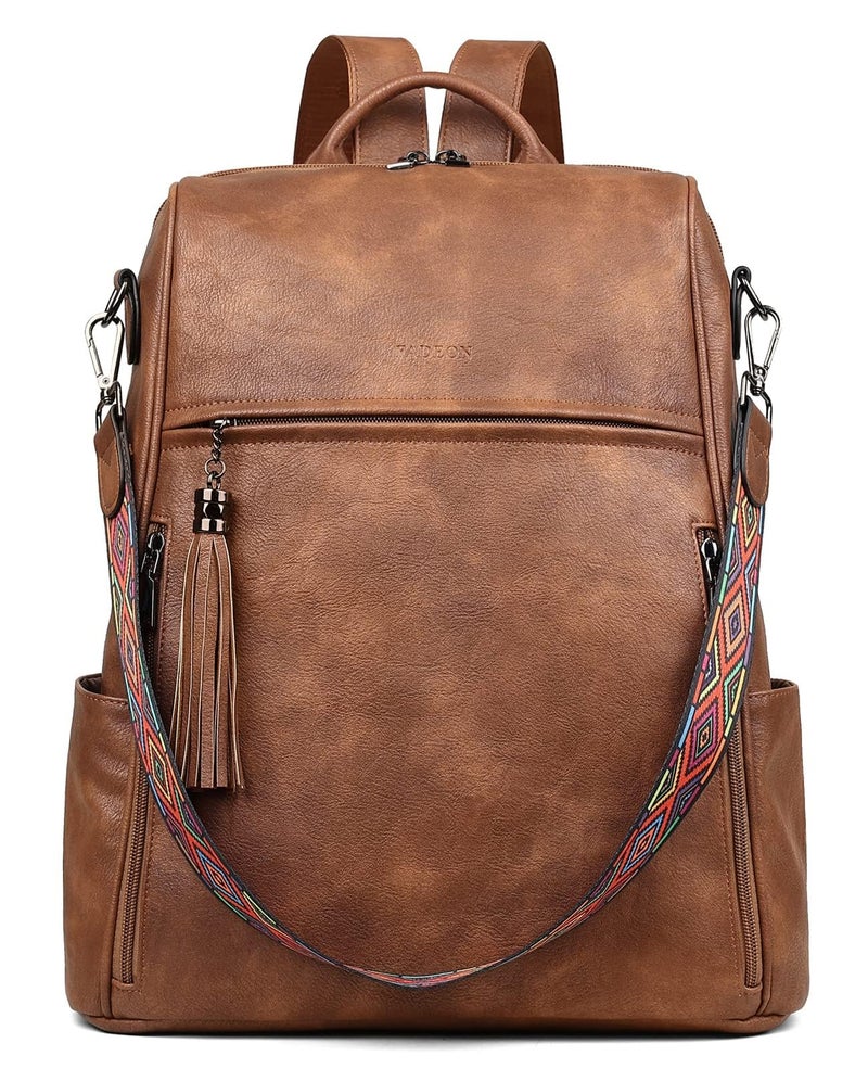 FADEON Leather Laptop Backpack for Women Designer 15.6 inch PU Laptop Bag, Ladies Travel Computer Work Backpack Brown - Image 1