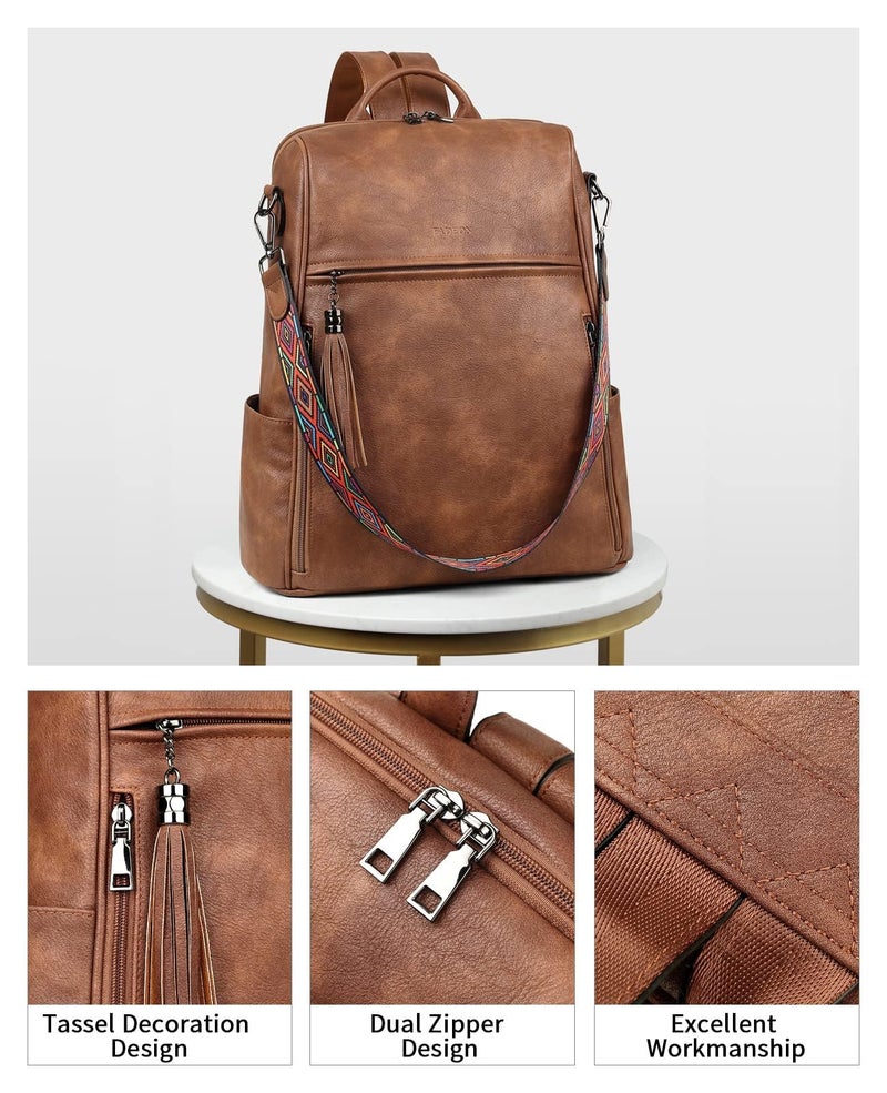 FADEON Leather Laptop Backpack for Women Designer 15.6 inch PU Laptop Bag, Ladies Travel Computer Work Backpack Brown - Image 5