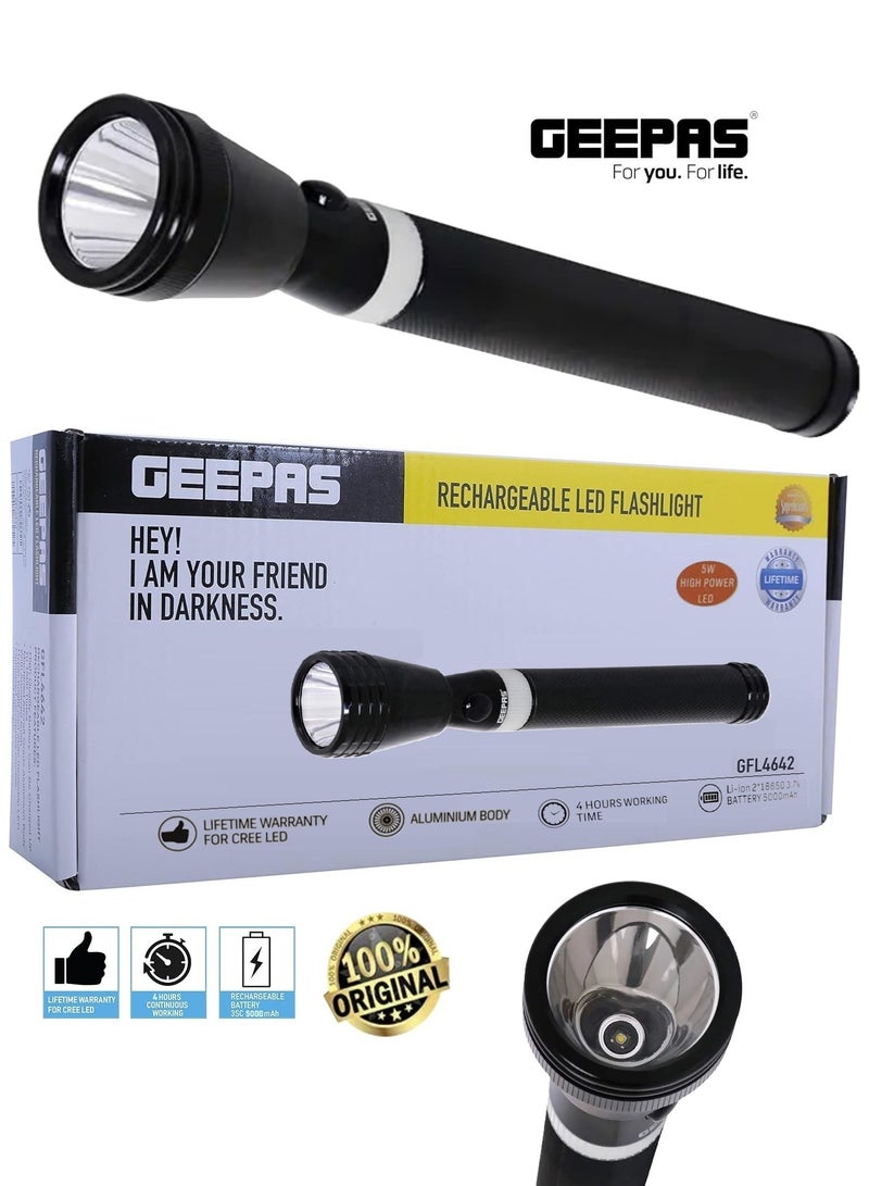 GEEPAS Rechargeable LED Flashlight - LED Torch with1800 Meters Range, Portable Design & 4 Hours Working |Perfect for Camping Bicycle Hiking & Emergency 285mm Black/White GFL4642 - Image 1