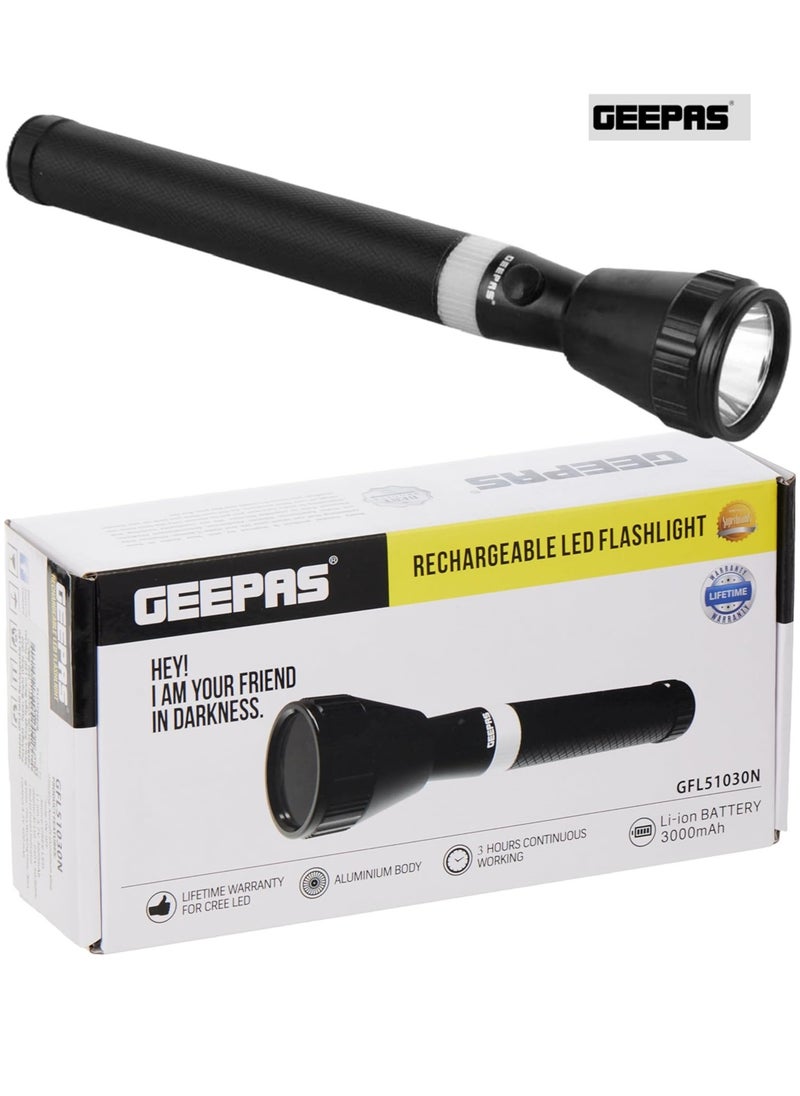 GEEPAS GEEPAS Rechargeable LED Flashlight - LED Torch with 2000 Meters Range, Portable Design & 4 Hours Working |Perfect for Camping Bicycle Hiking & Emergency 285mm Black/White GFL51031N  - Image 1