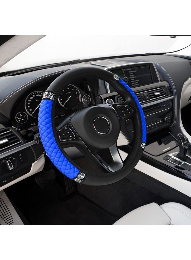 Middrivr Bling Soft Leather Steering Wheel Cover, 15 Inch Blue Rhinestones Elastic Steering Wheel Protector, Universal Anti-Slip Car Steering Wheel Cover - Image 1