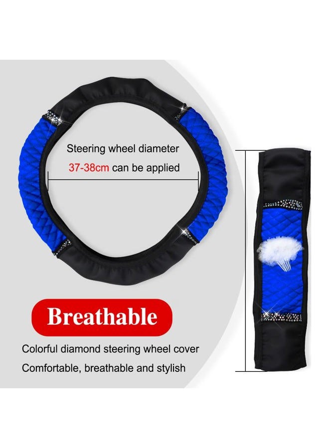 Middrivr Bling Soft Leather Steering Wheel Cover, 15 Inch Blue Rhinestones Elastic Steering Wheel Protector, Universal Anti-Slip Car Steering Wheel Cover - Image 2