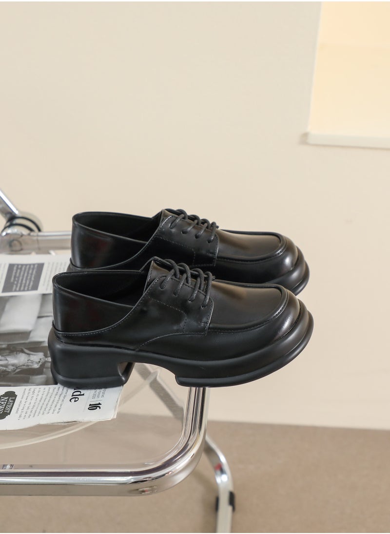 Loquat Round Toed English Style Leather Shoes Black  - Image 1