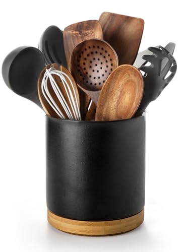 Nucookery 360°Rotating Utensil Holder, 7.2" Kitchen Utensil Crock, Ceramic Cooking Utensil Organizer with Countertop-Protection Cork Bottom for Farmhouse Kitchen Decor Christmas (Stone Black) - Image 1