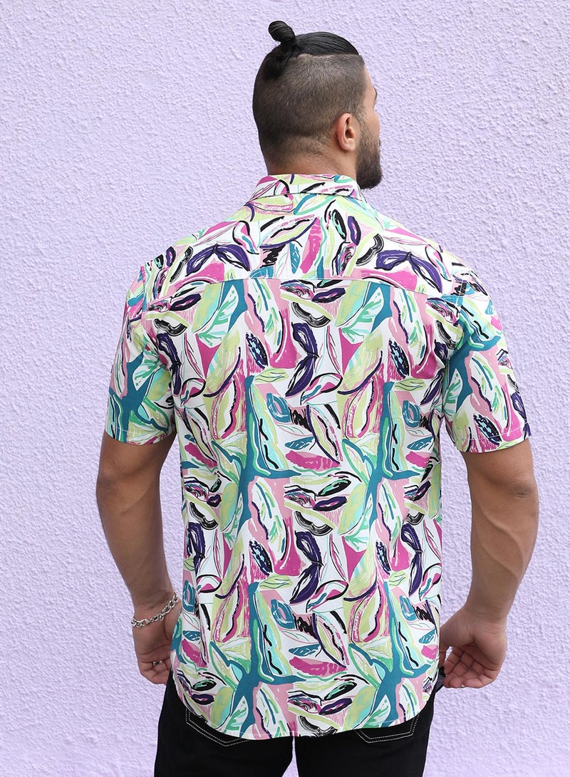 Instafab Plus Instafab Plus Men's Pink & Green Abstract Foilage Shirt For Casual Wear | Spread Collar | Short Sleeve | Button Closure | Heavy Rayon Shirt Crafted With Comfort Fit For Everyday Wear - Image 5