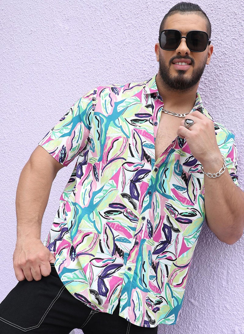 Instafab Plus Instafab Plus Men's Pink & Green Abstract Foilage Shirt For Casual Wear | Spread Collar | Short Sleeve | Button Closure | Heavy Rayon Shirt Crafted With Comfort Fit For Everyday Wear - Image 1