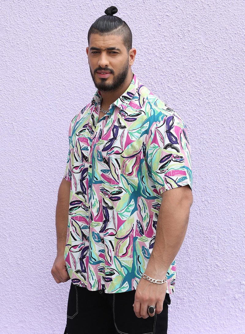 Instafab Plus Instafab Plus Men's Pink & Green Abstract Foilage Shirt For Casual Wear | Spread Collar | Short Sleeve | Button Closure | Heavy Rayon Shirt Crafted With Comfort Fit For Everyday Wear - Image 3