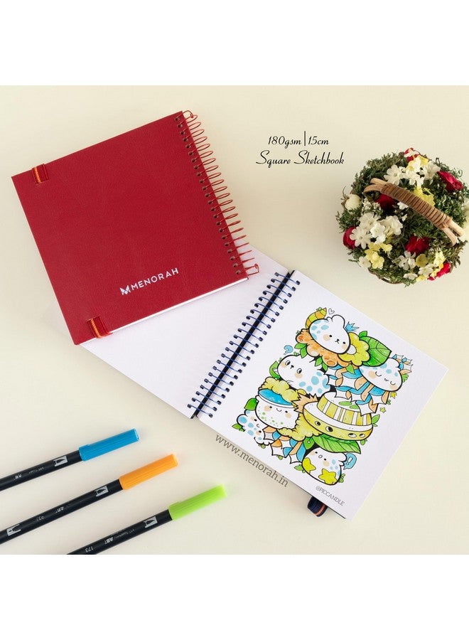 MENORAH دفاتر رسم فنية MENORAH - مربعة - 180 جرام - (100 صفحة / 50 ورقة) - دفتر رسم مربع (15.0X15.0 سم) - مجلة فنية، رسم، ألوان مائية، ألوان أكريليك، غواش - حلزوني معدني - (خالي من الأحماض) أحمر - Image 5