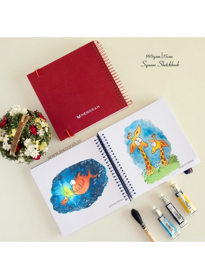 MENORAH دفاتر رسم فنية MENORAH - مربعة - 180 جرام - (100 صفحة / 50 ورقة) - دفتر رسم مربع (15.0X15.0 سم) - مجلة فنية، رسم، ألوان مائية، ألوان أكريليك، غواش - حلزوني معدني - (خالي من الأحماض) أحمر - Image 3