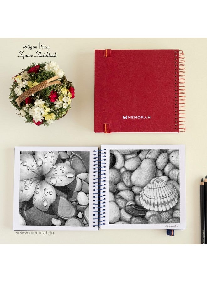 MENORAH دفاتر رسم فنية MENORAH - مربعة - 180 جرام - (100 صفحة / 50 ورقة) - دفتر رسم مربع (15.0X15.0 سم) - مجلة فنية، رسم، ألوان مائية، ألوان أكريليك، غواش - حلزوني معدني - (خالي من الأحماض) أحمر - Image 4