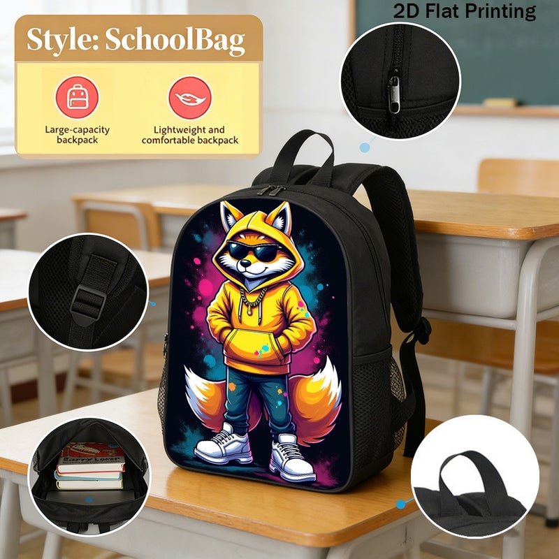 Fashion Stylish Hip Hop Fox Backpack Lightweight Durable 2D Flat Print for daily commute outdoor hangout for Teens - Image 2