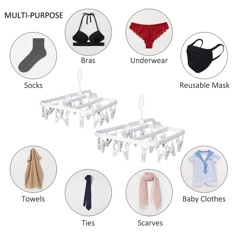 Annaklin Foldable Plastic Hangers With 26 Drying Clips Underwear Hanger With Clips Plastic Laundry Clip And Drip Drying Hanger For Socks Bras Lingerie Clothes Sturdy White 2Pc - Image 2