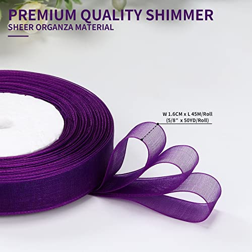 molshine 50 Yards x 5/8 Inch Shimmer Sheer Organza Ribbon,Chiffon Fabric Ribbons for Bouquets Garland,Bowknot,Wedding,Gift Wrapping,Hair,Crafts,Decoration (Purple, 5/8") - Image 2