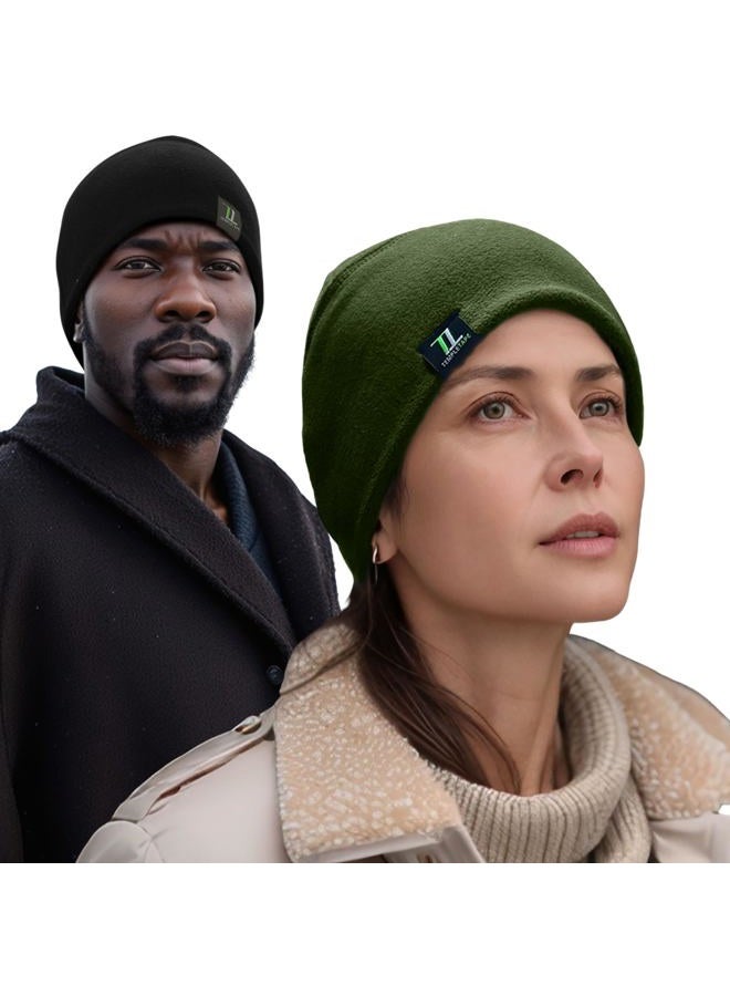 Temple Tape Tactical Fleece Watch Cap Beanie – Skull Cap Fleece Hat - 2 Pack Black/OD Green - One Size (Fits Most Heads) - Image 3