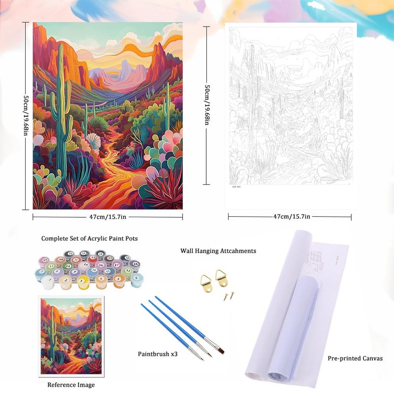 Natuyalo Paint by Numbers Kit for Adults Beginners and Kids, 16" Wx20 L Canvas Pictures Drawing Acrylic Paintwork with 3 Pcs Paintbrushes, Cactus in Wilderness - Image 5