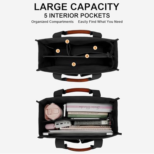 KKXIU Large Canvas Tote Bag for Women with Zipper and Compartments Crossbody Bag With Pockets - Black - Image 3