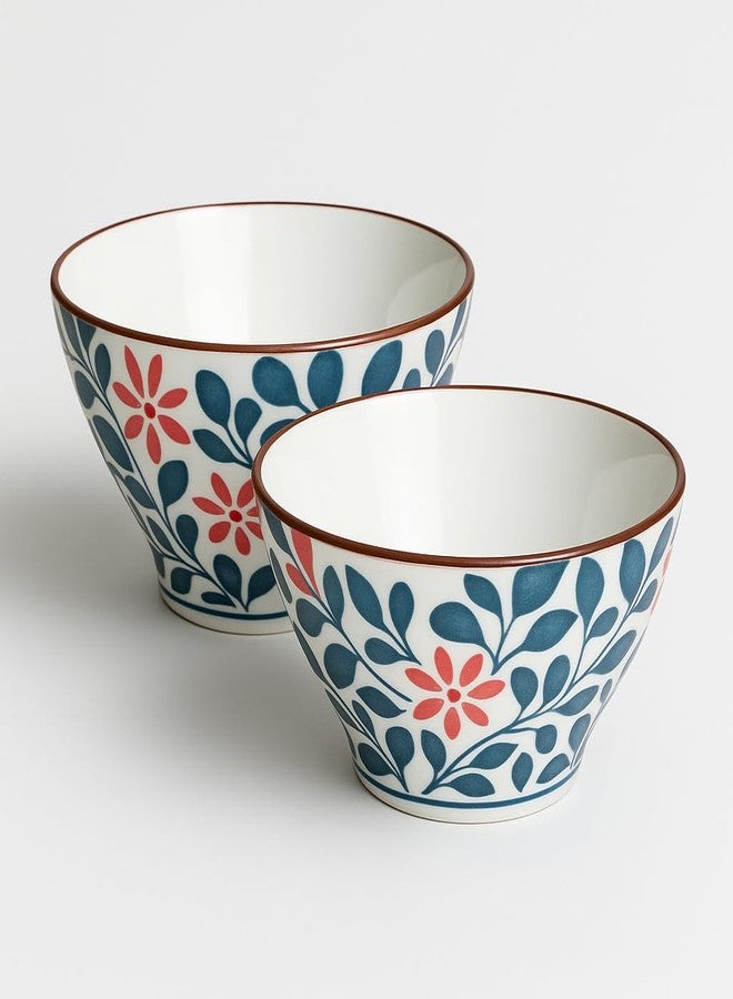 KitchEase Japanese Ceramic Bowls Set of 2 - 300ml Each | Ramen, Soup & Dessert Bowls with Floral Design - Microwave & Dishwasher Safe - Image 1