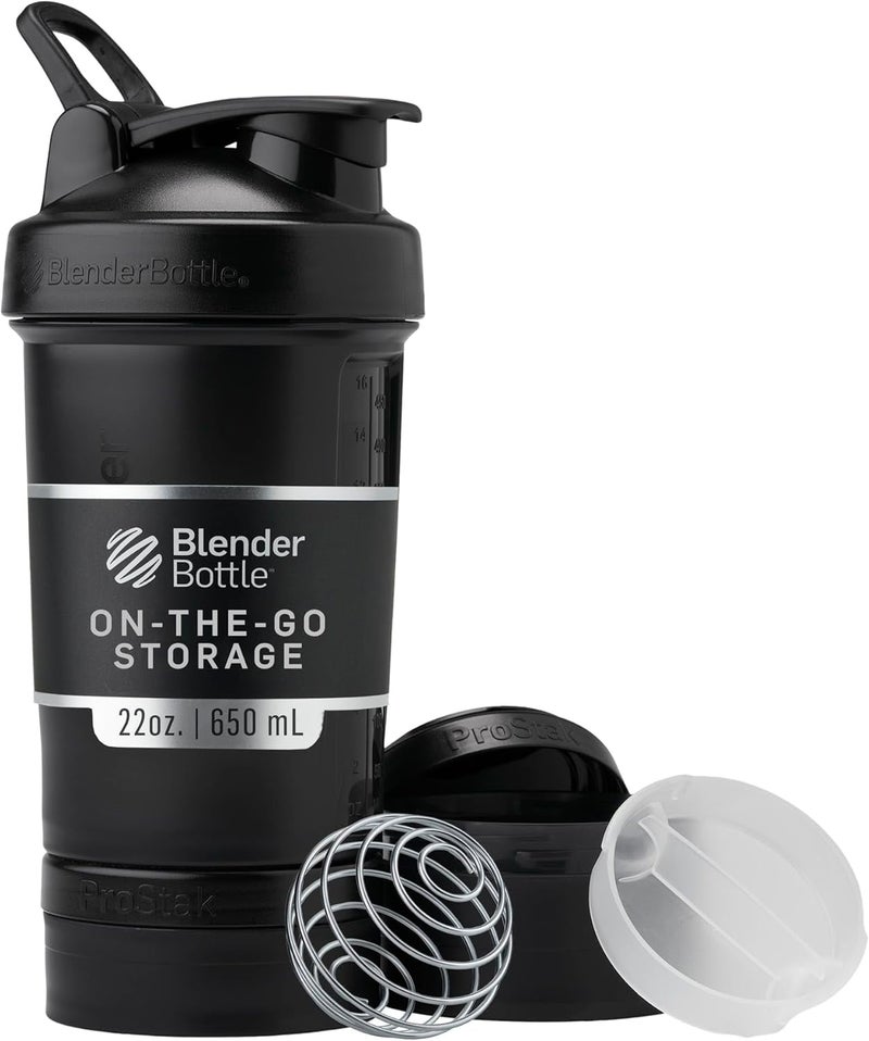 BlenderBottle Shaker Bottle with Pill Organizer and Storage for Protein Powder, ProStak System, 22-Ounce, Midnight Black - Image 1