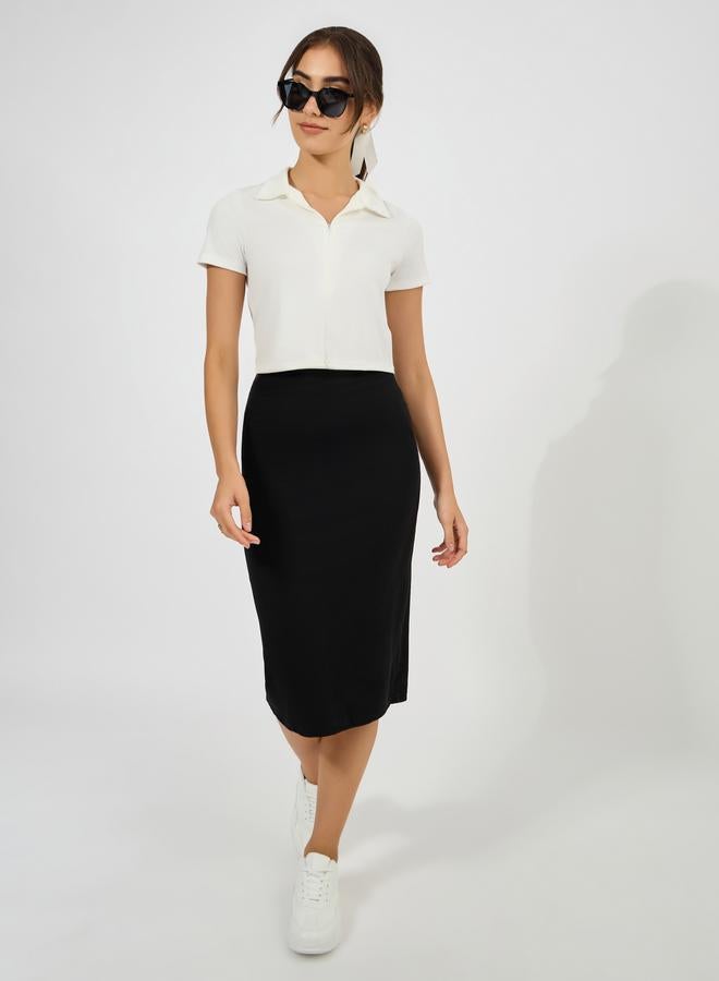 Styli Ribbed Midi Skirt with Elastic Waistband  - Image 1
