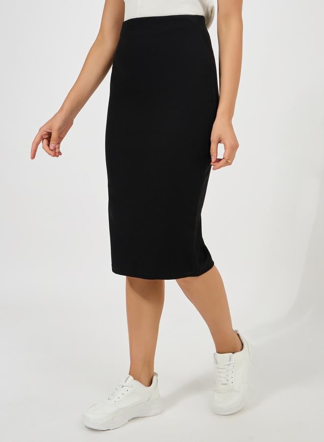 Styli Ribbed Midi Skirt with Elastic Waistband  - Image 2
