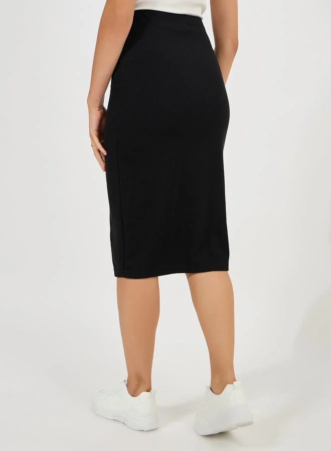Styli Ribbed Midi Skirt with Elastic Waistband