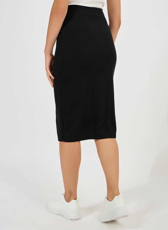 Styli Ribbed Midi Skirt with Elastic Waistband  - Image 4