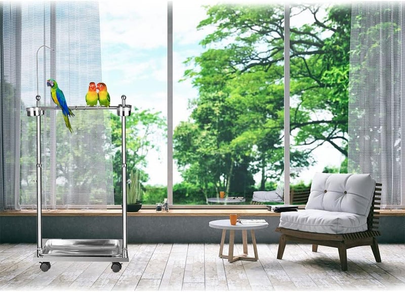 Neostyle Large Stainless Steel Bird Stand,Adjustable Height Pet Bird Parrot Perch Play Stand,with Universal Wheel Parrot Game Toy Hook and Feeding Bowl(56 * 40 * 75-110cm) - Image 5
