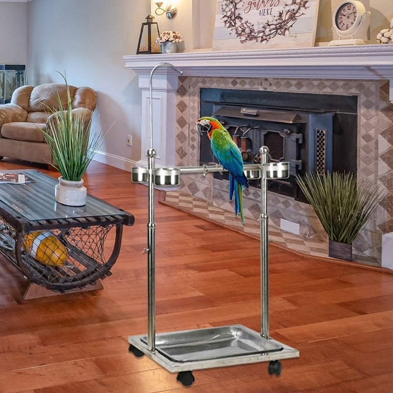 Neostyle Large Stainless Steel Bird Stand,Adjustable Height Pet Bird Parrot Perch Play Stand,with Universal Wheel Parrot Game Toy Hook and Feeding Bowl(56 * 40 * 75-110cm) - Image 4