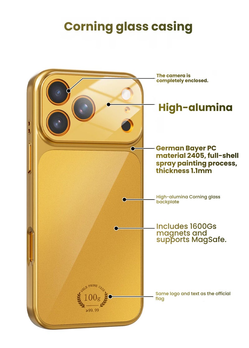 Shockproof Glass Armor Phone Case, Tempered Glass Back Cover Anti-Scratch Protective Shell Golden for iPhone 11/12/13/14/15/16/17 Pro & Pro Max - Image 4