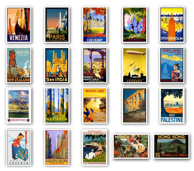 Postcard Fair VINTAGE TRAVEL POSTERS postcard set of 20. depicting the original 1920s-1940s posters. Variety pack reprint postcards. Made in USA. - Image 1