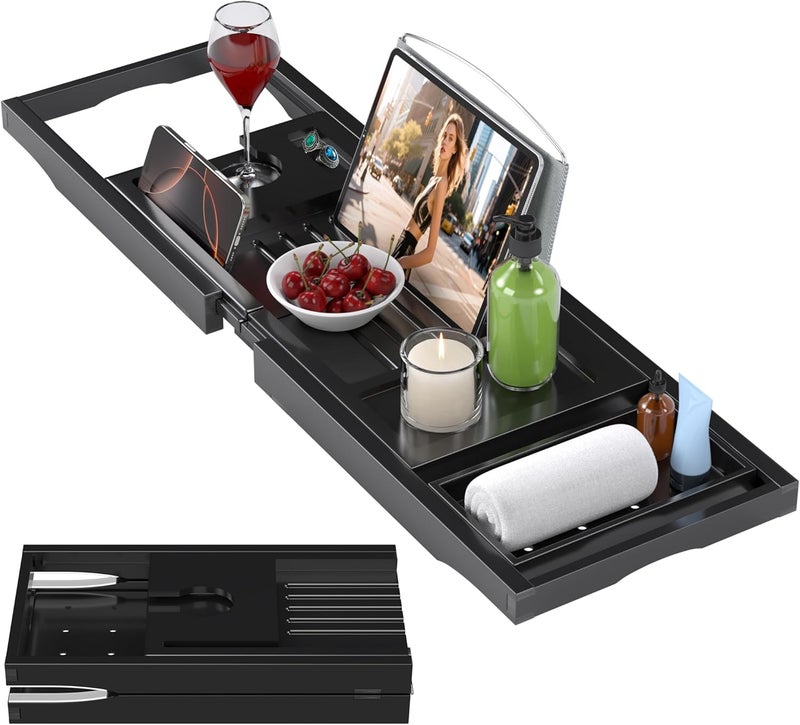 promitop Foldable Bathtub Caddy Tray for Tub,Bamboo Expandable Bath Table Trays,Premium Bathroom Accessories for New Home & Mothers Day & Birthday Gifts for Couples,Black - Image 1
