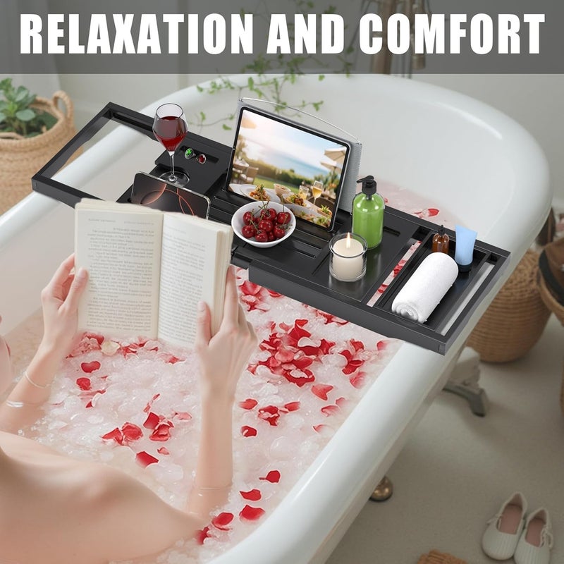 promitop Foldable Bathtub Caddy Tray for Tub,Bamboo Expandable Bath Table Trays,Premium Bathroom Accessories for New Home & Mothers Day & Birthday Gifts for Couples,Black - Image 4