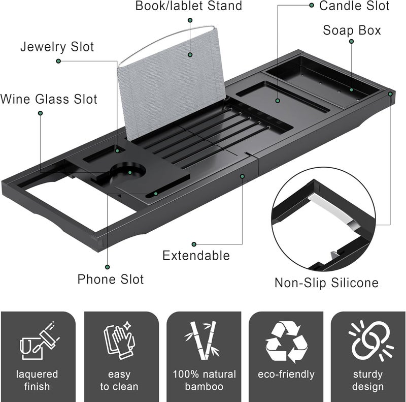 promitop Foldable Bathtub Caddy Tray for Tub,Bamboo Expandable Bath Table Trays,Premium Bathroom Accessories for New Home & Mothers Day & Birthday Gifts for Couples,Black - Image 5
