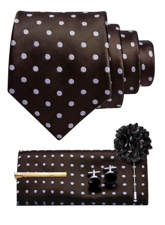 YourTies Brown Mens Tie Set Silk Polka Dot Necktie with Lapel Pin Pocket Square Cufflinks Set for Wedding Party Business - Image 2