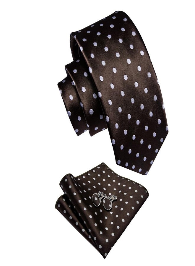 YourTies Brown Mens Tie Set Silk Polka Dot Necktie with Lapel Pin Pocket Square Cufflinks Set for Wedding Party Business - Image 4