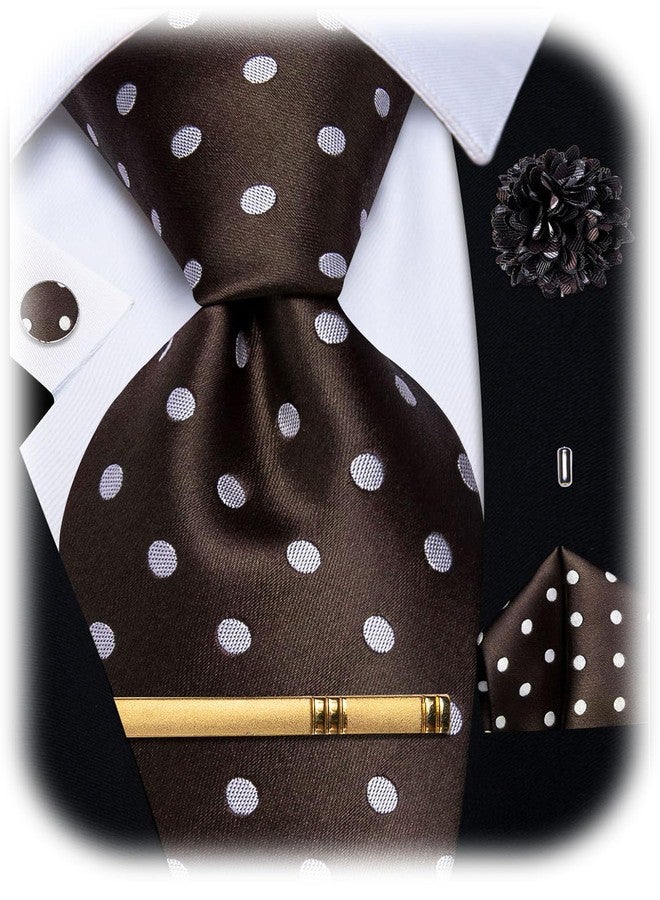 YourTies Brown Mens Tie Set Silk Polka Dot Necktie with Lapel Pin Pocket Square Cufflinks Set for Wedding Party Business - Image 1