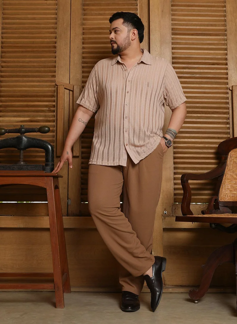 Instafab Plus  Instafab Plus Men's Sand Beige Ridge Knit Shirt For Casual Wear | Spread Collar | Short Regular Sleeves | Button Closure | Plus Size Shirt Crafted With Comfort Fit For Everyday Wear for Men | Best Price UAE