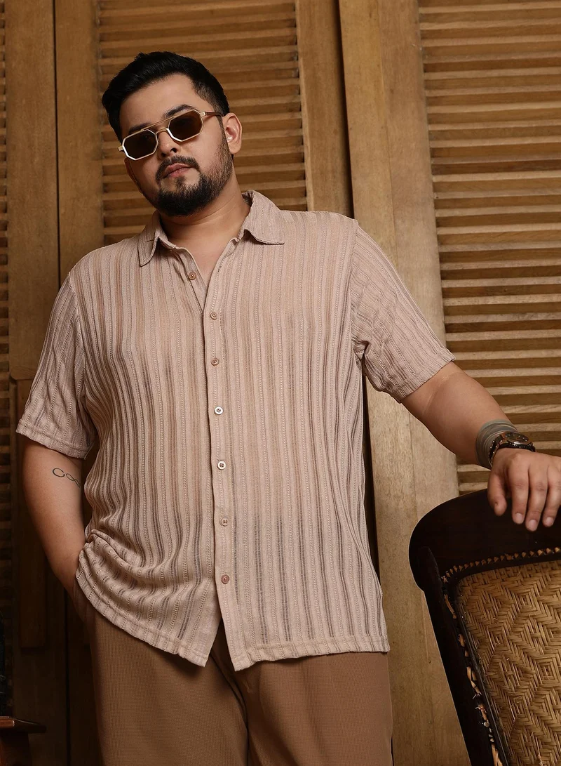 Instafab Plus Instafab Plus Men's Sand Beige Ridge Knit Shirt For Casual Wear | Spread Collar | Short Regular Sleeves | Button Closure | Plus Size Shirt Crafted With Comfort Fit For Everyday Wear