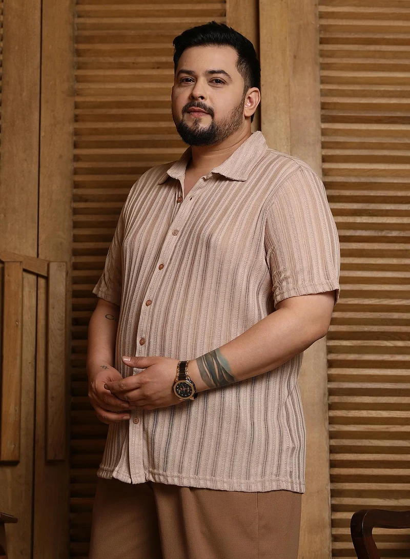 Instafab Plus  Instafab Plus Men's Sand Beige Ridge Knit Shirt For Casual Wear | Spread Collar | Short Regular Sleeves | Button Closure | Plus Size Shirt Crafted With Comfort Fit For Everyday Wear for Men | Best Price UAE