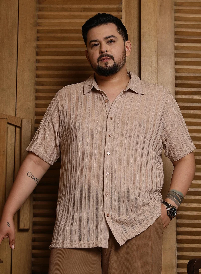 Instafab Plus Instafab Plus Men's Sand Beige Ridge Knit Shirt For Casual Wear | Spread Collar | Short Regular Sleeves | Button Closure | Plus Size Shirt Crafted With Comfort Fit For Everyday Wear