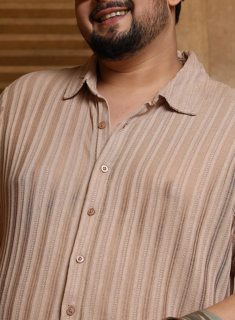 Instafab Plus  Instafab Plus Men's Sand Beige Ridge Knit Shirt For Casual Wear | Spread Collar | Short Regular Sleeves | Button Closure | Plus Size Shirt Crafted With Comfort Fit For Everyday Wear for Men | Best Price UAE