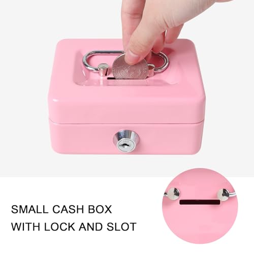 Jssmst Small Cash Box with Lock and Slot, Metal Coin Piggy Bank for Adults and Kids, Pink Locking Money Box - Image 4