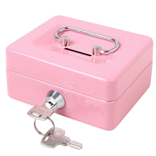 Jssmst Small Cash Box with Lock and Slot, Metal Coin Piggy Bank for Adults and Kids, Pink Locking Money Box - Image 1