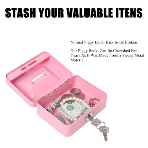 Jssmst Small Cash Box with Lock and Slot, Metal Coin Piggy Bank for Adults and Kids, Pink Locking Money Box - Image 5