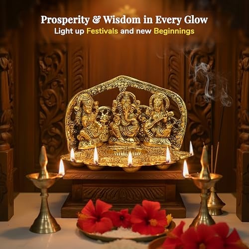 HindCraft Laxmi Ganesh Saraswati Idol Diya Oil Lamp Deepak – Golden Metal Traditional Diya Puja | Lakshmi Ganesha Showpiece Statue for Mandir, Home Decoration & Festival Gifts - Image 4