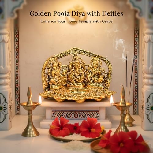 HindCraft Laxmi Ganesh Saraswati Idol Diya Oil Lamp Deepak – Golden Metal Traditional Diya Puja | Lakshmi Ganesha Showpiece Statue for Mandir, Home Decoration & Festival Gifts - Image 2