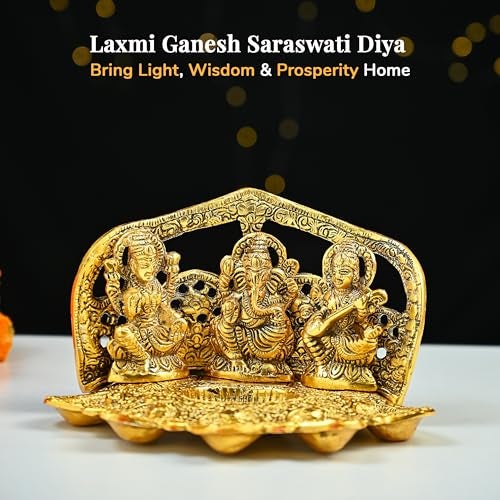 HindCraft Laxmi Ganesh Saraswati Idol Diya Oil Lamp Deepak – Golden Metal Traditional Diya Puja | Lakshmi Ganesha Showpiece Statue for Mandir, Home Decoration & Festival Gifts - Image 5