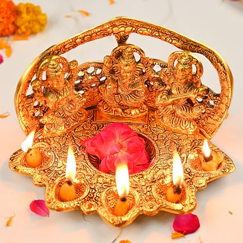 HindCraft Laxmi Ganesh Saraswati Idol Diya Oil Lamp Deepak – Golden Metal Traditional Diya Puja | Lakshmi Ganesha Showpiece Statue for Mandir, Home Decoration & Festival Gifts - Image 1